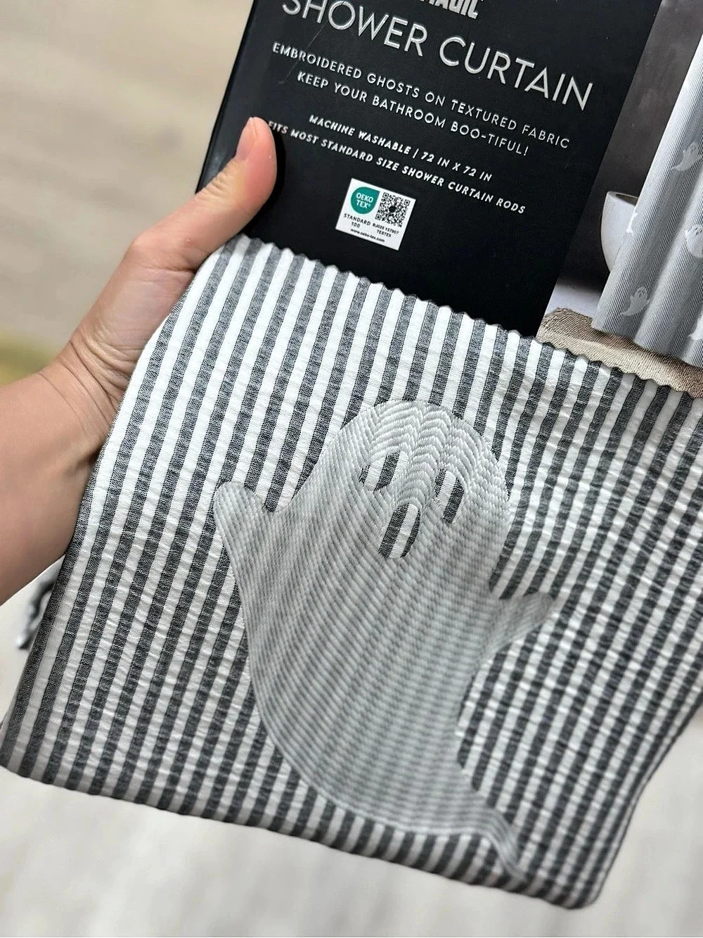 Striped Ghost Shower Curtain in Gray & White NWT